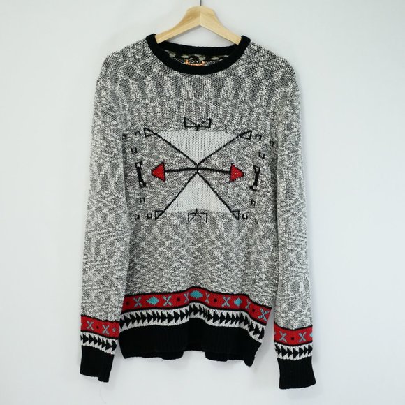 Koto Thick Cozy Graphic Crewneck Knit Pullover Sweater, Light Gray, Men M - Picture 1 of 11